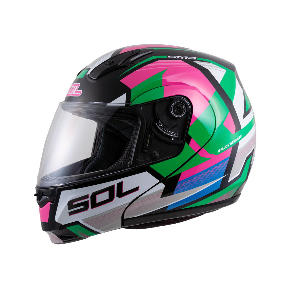 【SOL Helmets】SM-3可掀式安全帽 (原子動力 消光黑/粉綠) ｜ SOL安全帽官方商城