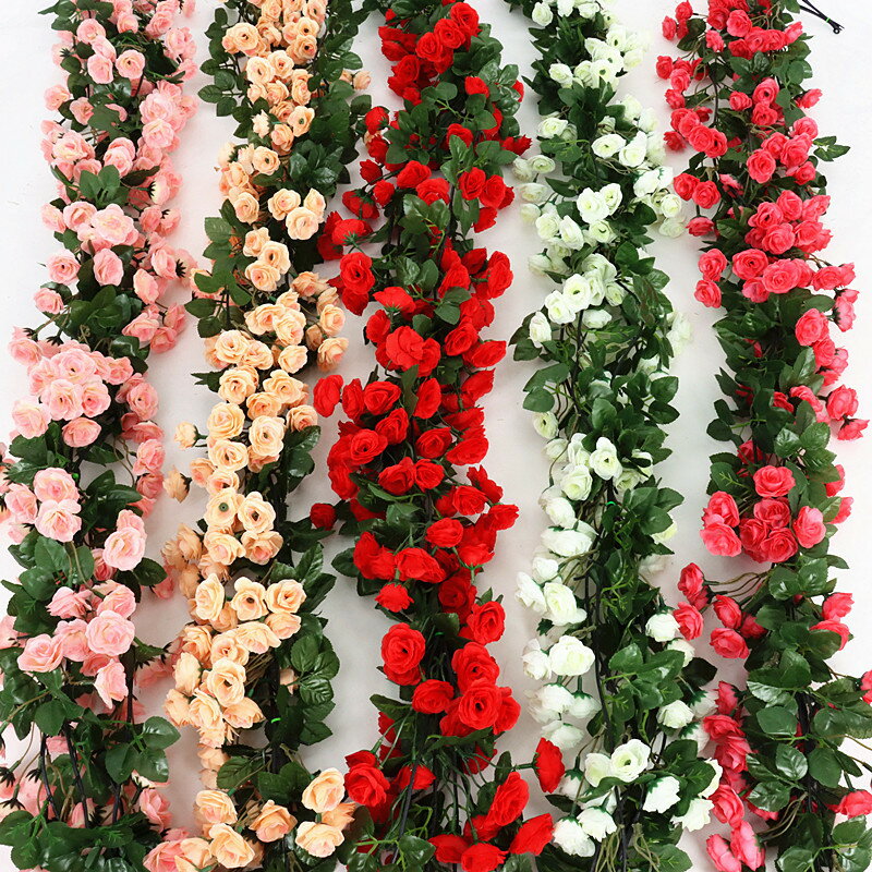 仿真花玫瑰花藤條婚禮管道空調遮擋裝飾假花藤條絹花壁掛