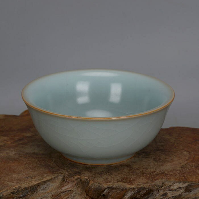 宋汝窯天青釉開片宮碗杯主人杯井開款手工仿古瓷古玩收藏擺件