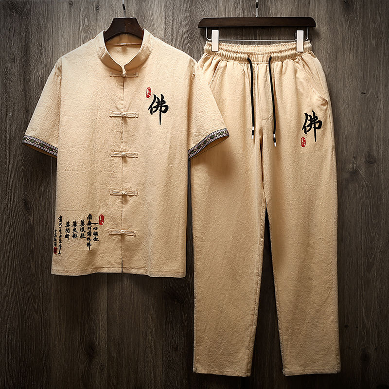 新款夏季男士睡衣套裝薄棉質短袖長褲家居服中國風仿棉麻復古刺繡