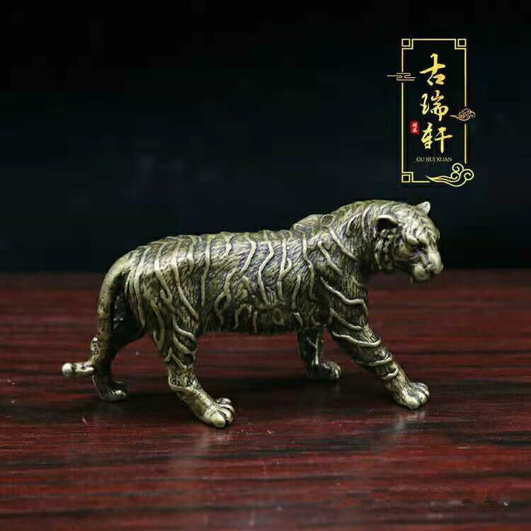 古玩純銅老黃銅微雕銅老虎擺件生肖虎風水擺件鎮宅工藝品家居飾品擺件 擺飾品