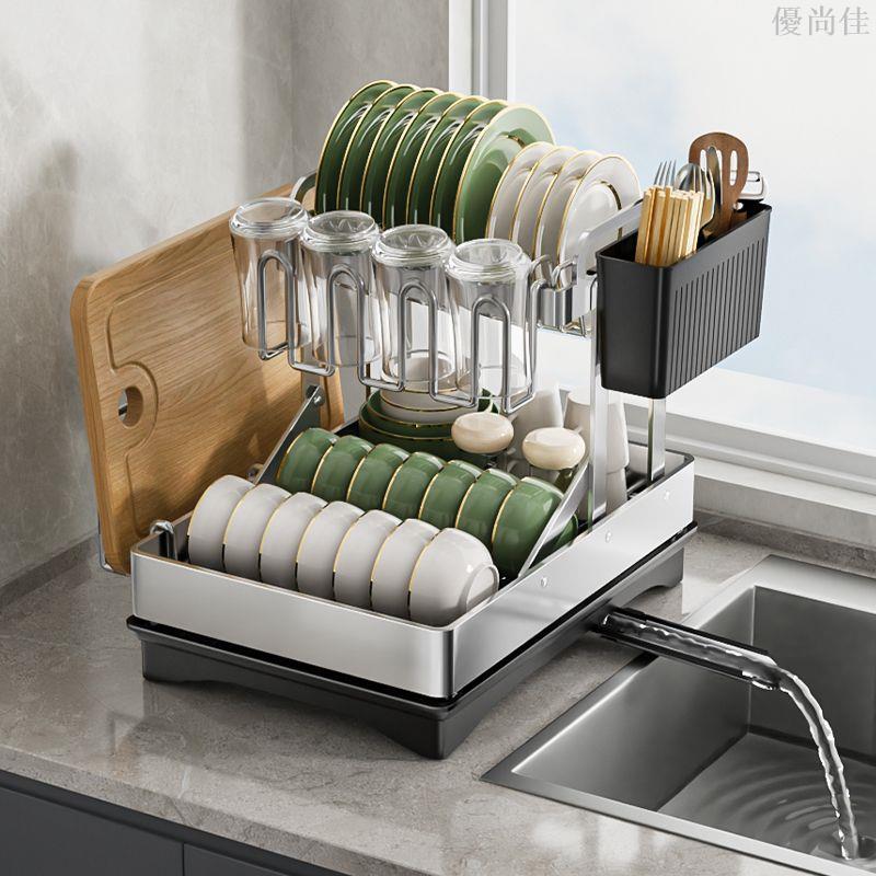 廚房置物架雙層不銹鋼碗碟架瀝水架家用碗盤筷子杯子收納架可折疊