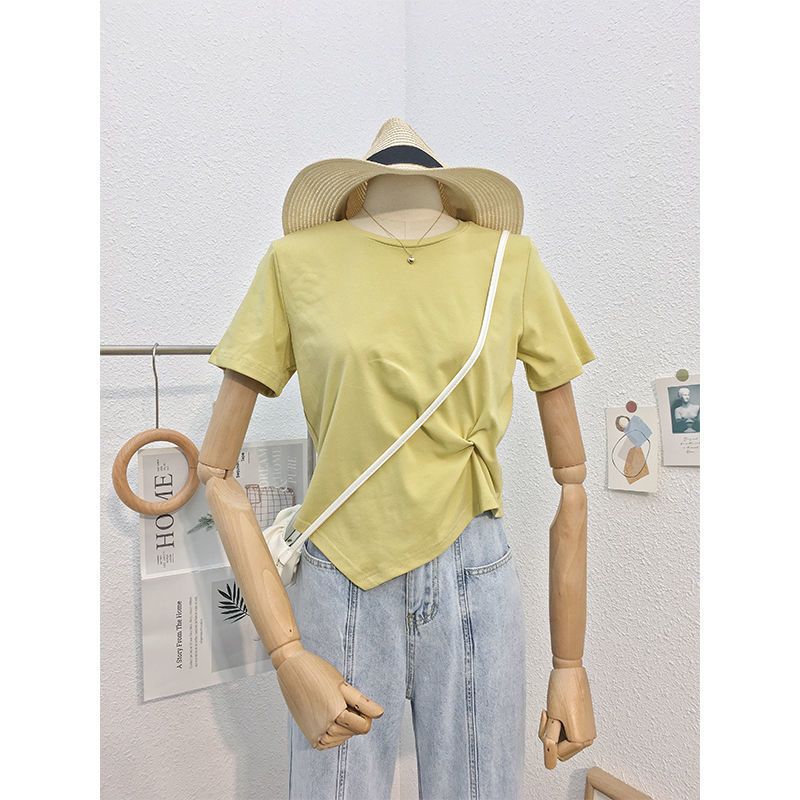 韓版簡約氣質個性側邊褶皺設計感夏季短袖圓領不規則下擺t恤女裝