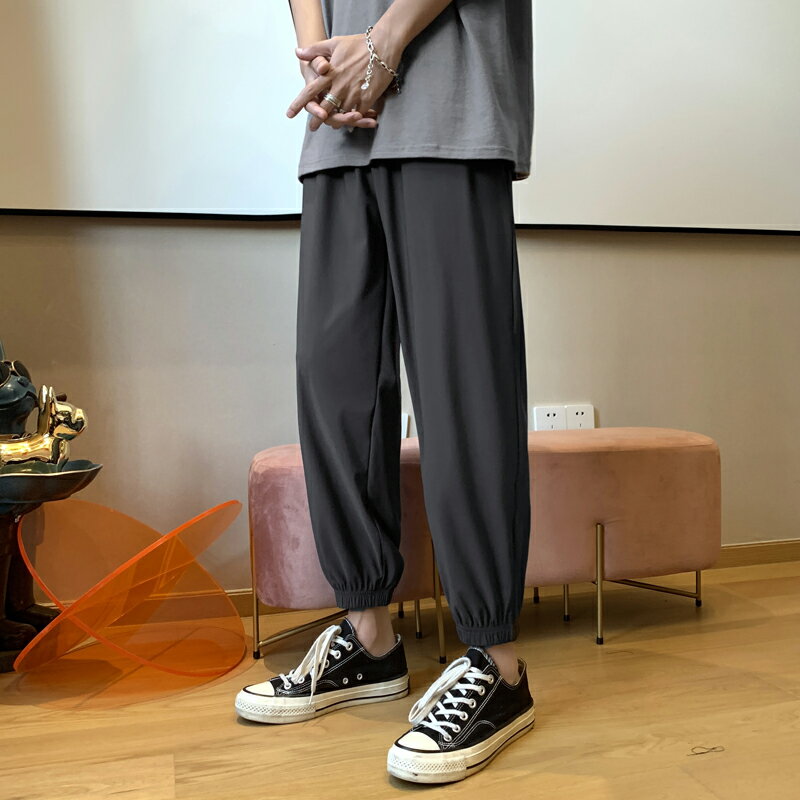 束腳薄款褲子男士冰絲垂墜感春夏季九分小西褲韓版潮流哈倫休閑褲