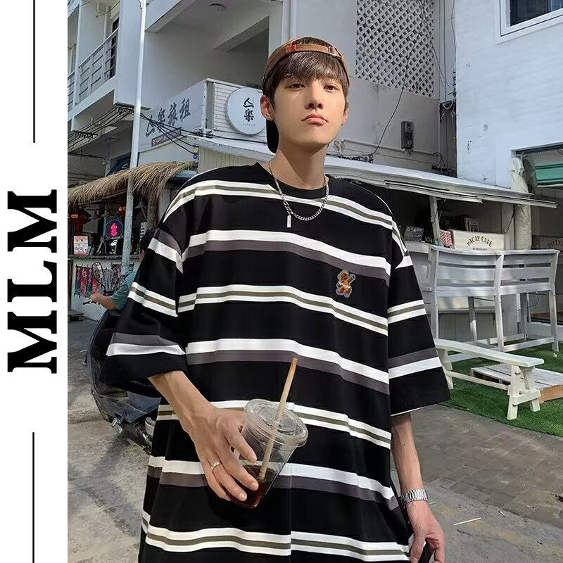 【MLM】復古條紋撞色休閑短袖T恤男士夏裝港風大碼顯瘦潮牌百搭半袖上衣 T恤男 T恤 短袖T恤男 大尺碼T恤