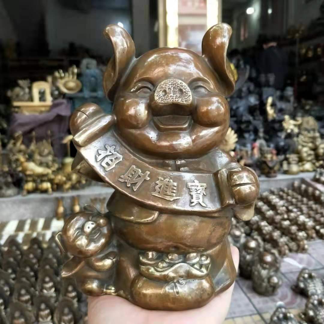 純銅生肖豬聚寶盆豬福運招財豬聚財家居客廳裝飾禮品黃銅福豬擺件