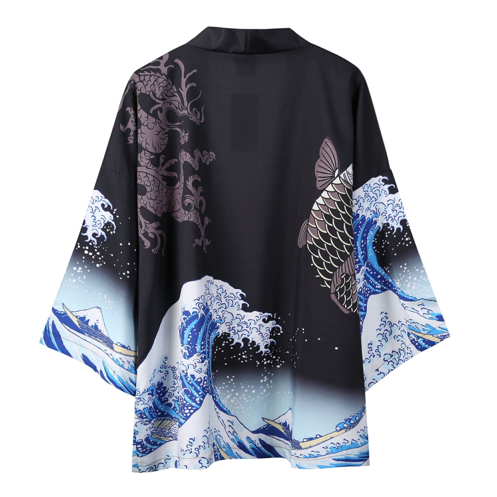 2019春夏新款3D海浪鯉魚印花男士仙服道袍潮流七分袖開衫漢服外套