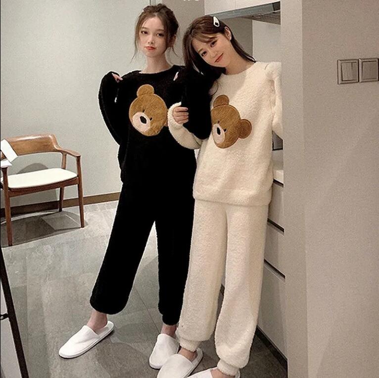 特大碼小熊睡衣女春秋冬加厚加絨可愛珊瑚絨家居服兩件套【繁星小鎮】