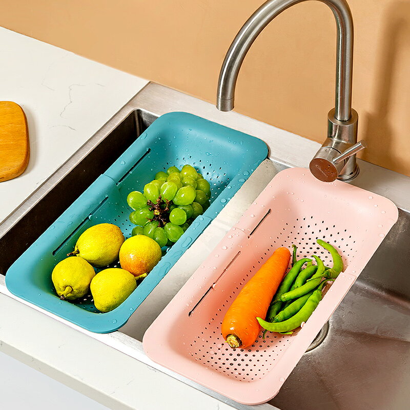 可伸縮水槽瀝水籃家用廚房長方形洗菜籃淘菜籃塑料洗碗池置物架