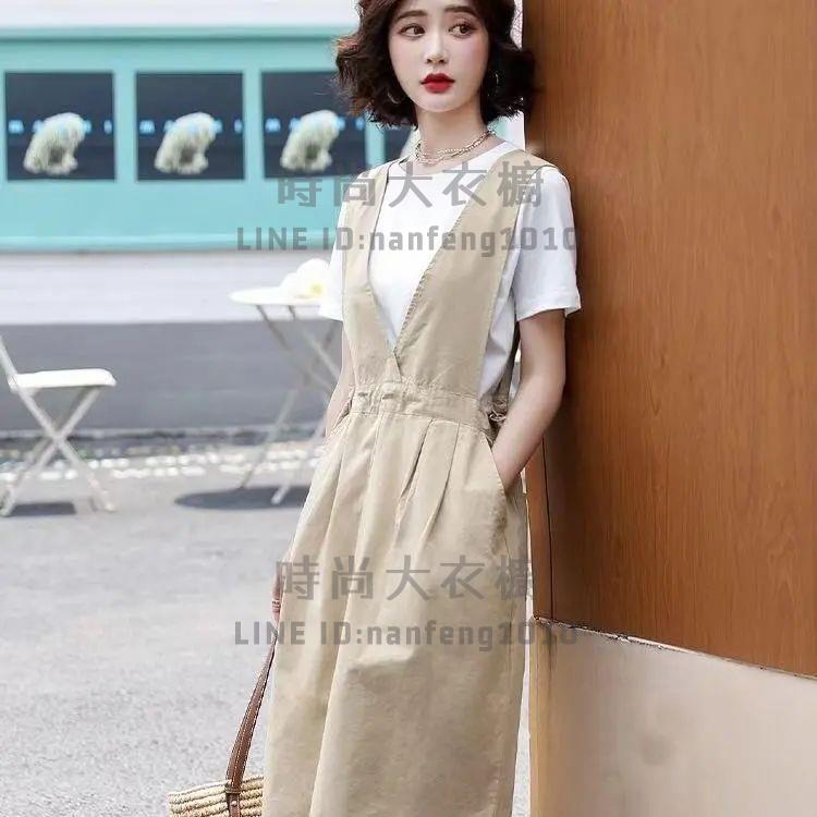 兩件式短袖裙裝套裝短袖t恤背帶裙純棉寬鬆顯瘦中長款過膝大碼連身裙【時尚大衣櫥】 4
