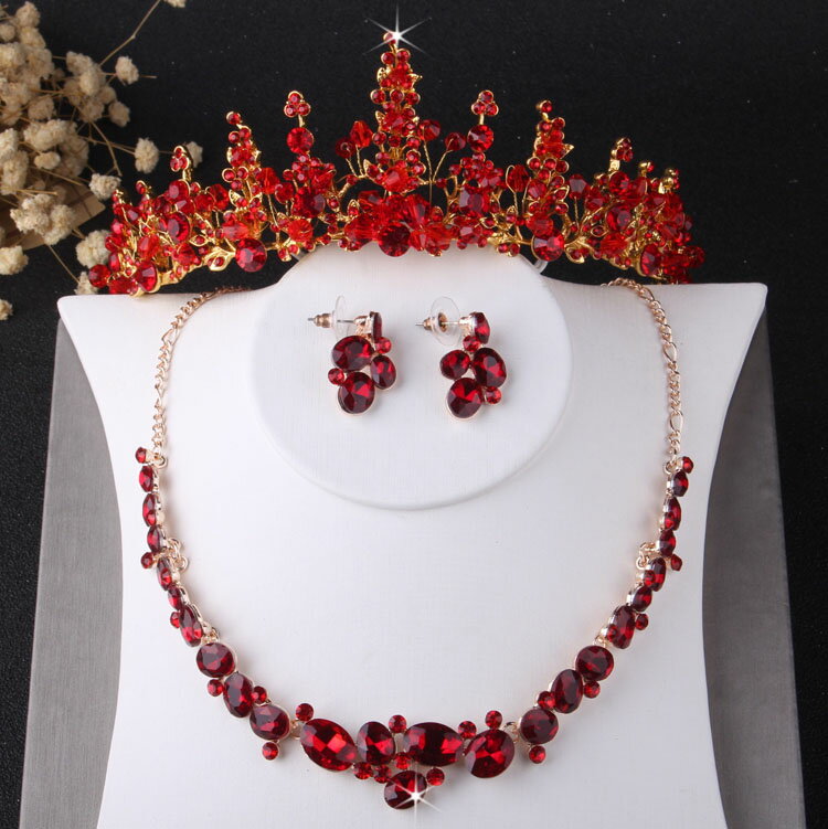 高階新款新娘套鏈 紅色新娘飾品結婚配飾帶手工水晶皇冠項鏈耳環