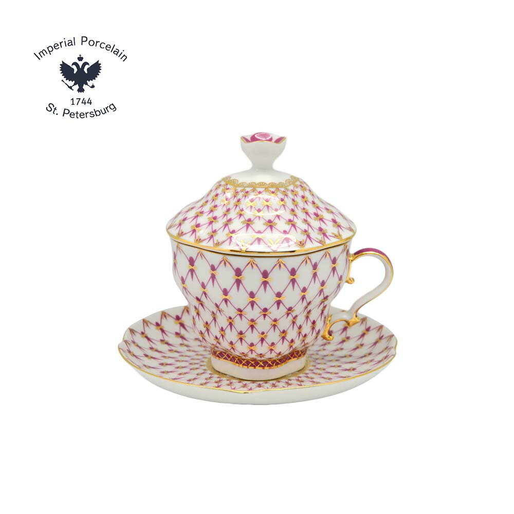 俄羅斯 Imperial Porcelain 經典網紋系列(粉)-22K金手工250ML有蓋杯盤組 杯子 盤子