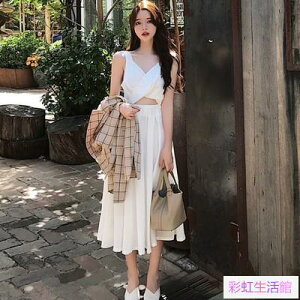 韓版夏季性感交叉露臍吊帶連衣裙 時尚高腰V領仙女裙 外穿過膝裝