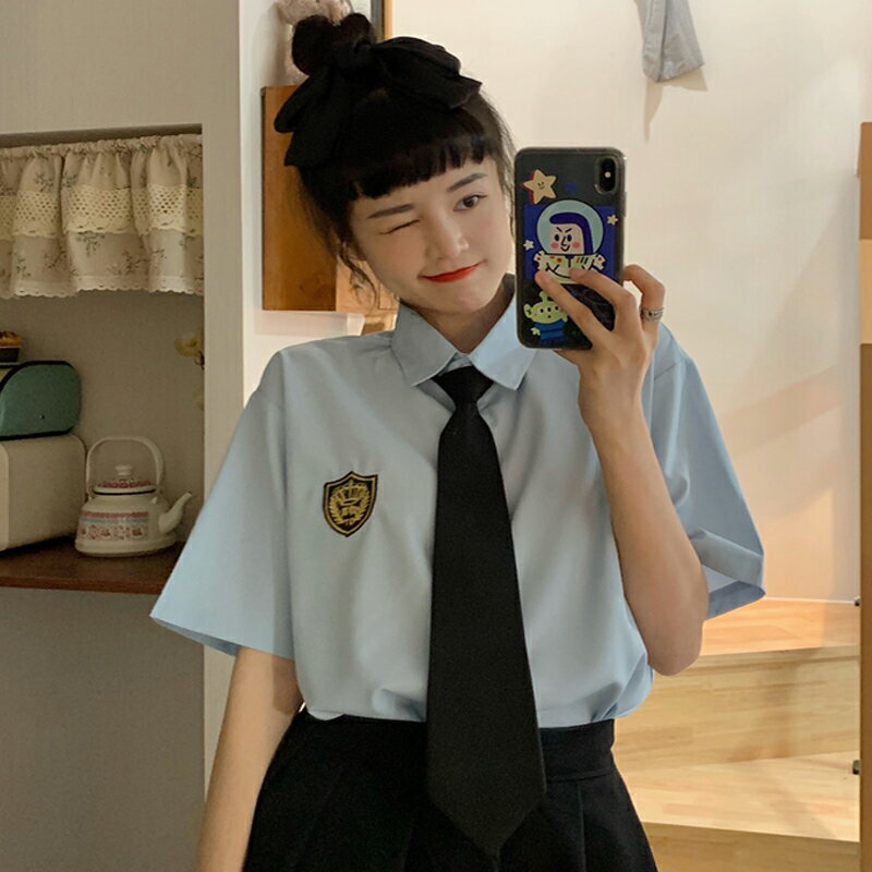 jk制服藍色襯衫女長裙畢業班服高中生夏季韓式學院風套裝泰國校服