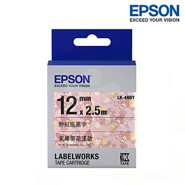 EPSON LK-4NBY 粉紅底黑字 標籤帶 三麗鷗系列 美樂蒂花漾款 (寬度12mm) 標籤貼紙