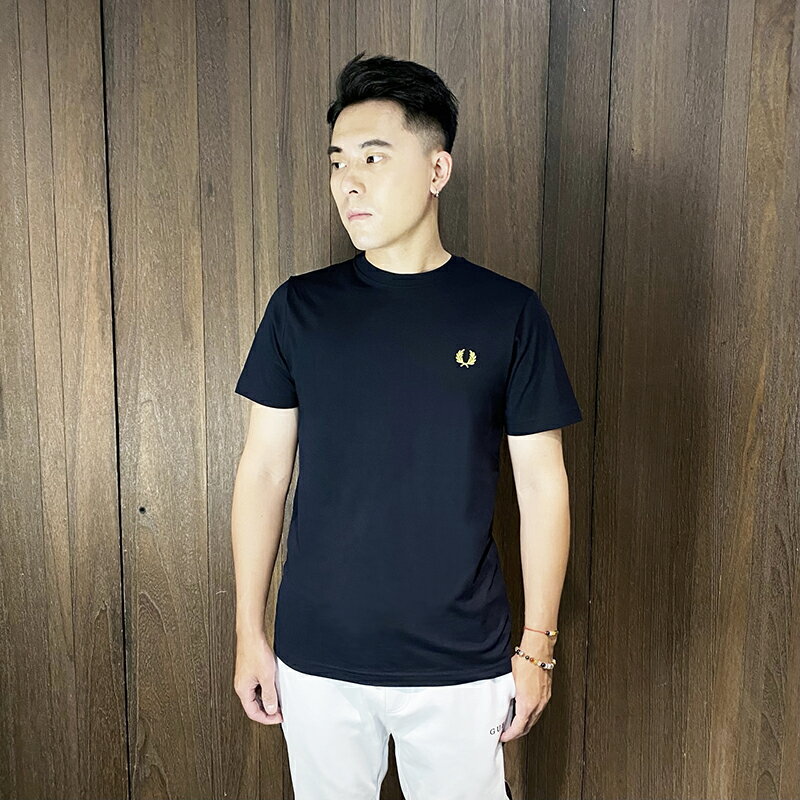 美國百分百【全新真品】Fred Perry 短袖 棉質 T恤 歐洲精品 上衣 經典 麥穗logo 短T 深藍 DF35