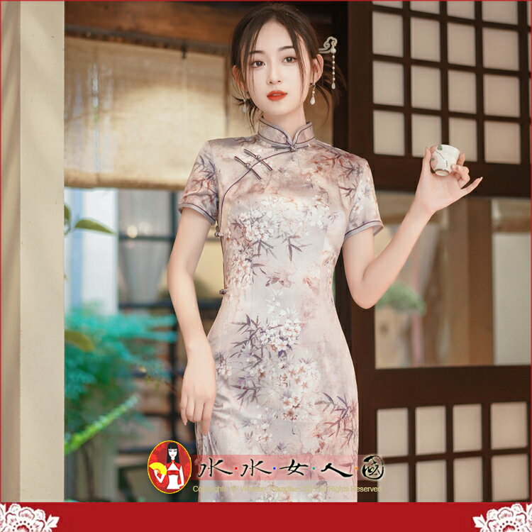 復古仿絲印花長旗袍清新優風洋裝百搭修身顯瘦包臀時尚連衣裙洋裝日常必備款-牡丹俏(黛紫色)M-4XL加大碼-水水女人國