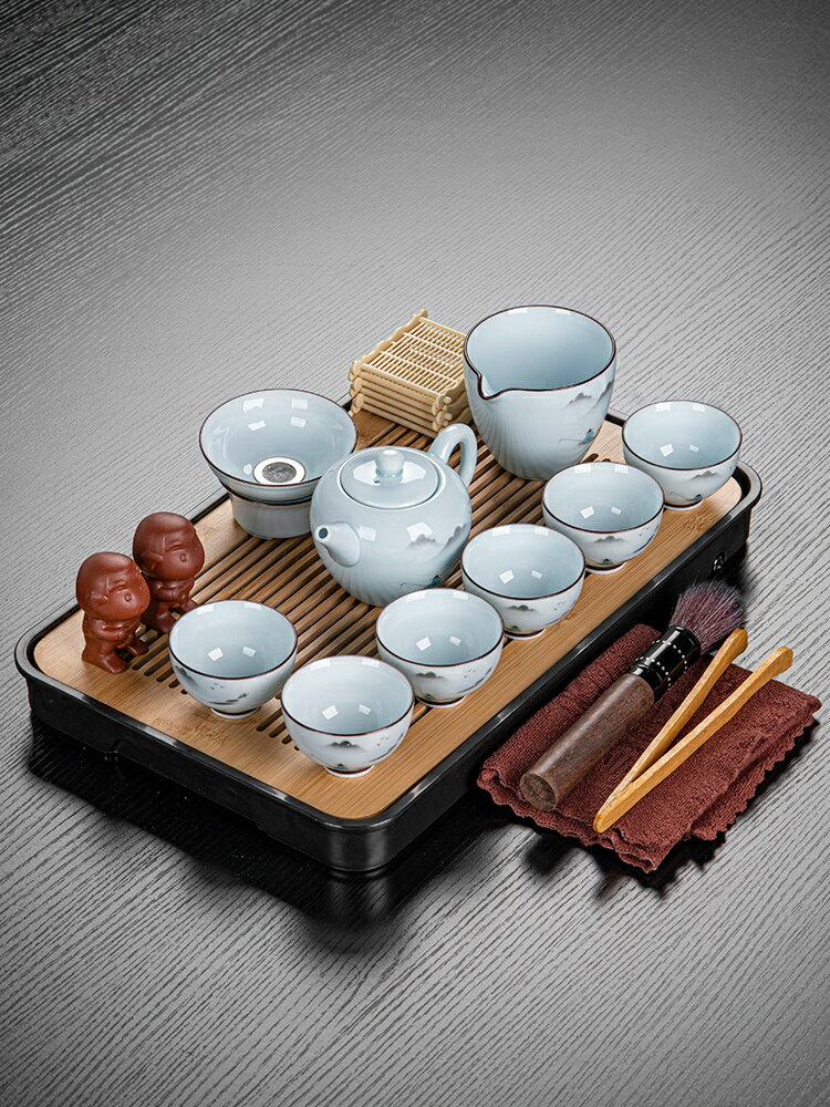 青瓷茶具茶盤套裝家用辦公室會客功夫茶壺茶杯中式簡約幹泡茶托盤