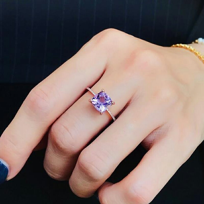 天然紫水晶S925銀戒指ins風公主方鉆微鑲指環招財招桃花氣質時尚