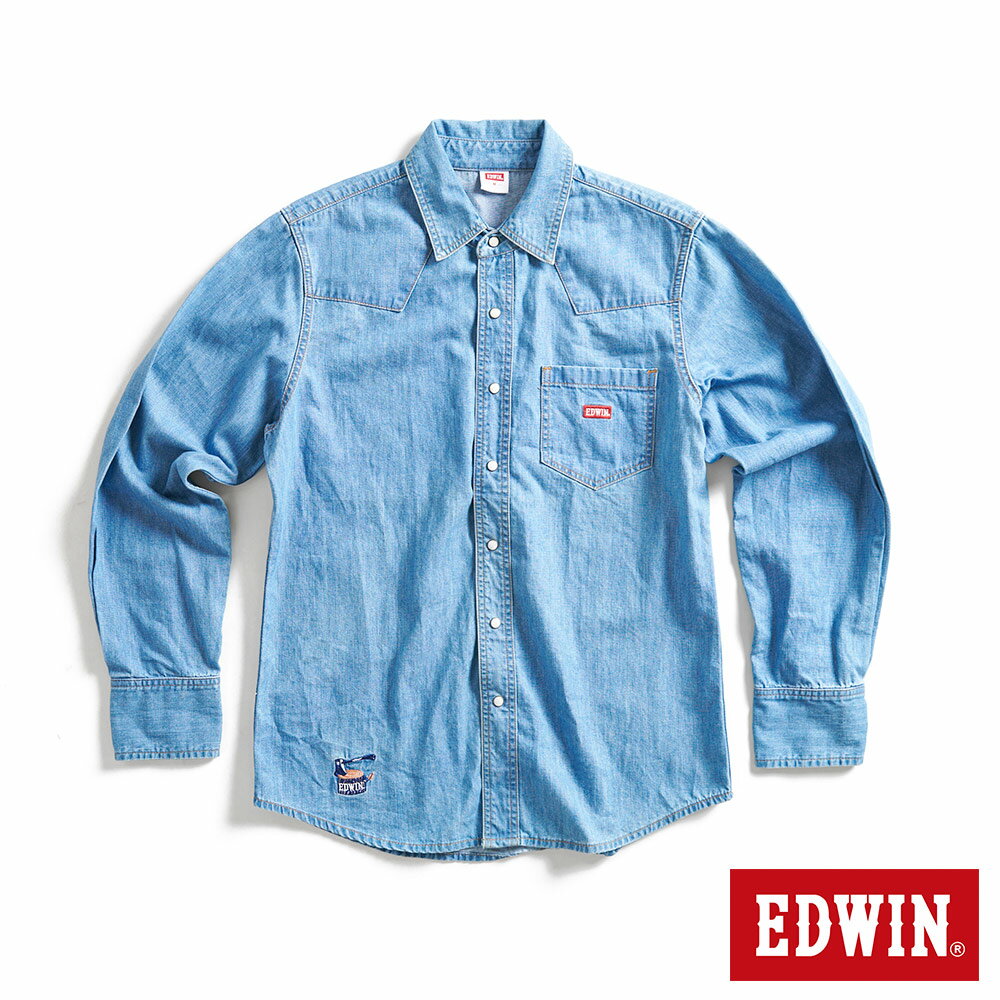 EDWIN 露營系列 刺繡LOGO長袖牛仔襯衫-男款 石洗藍