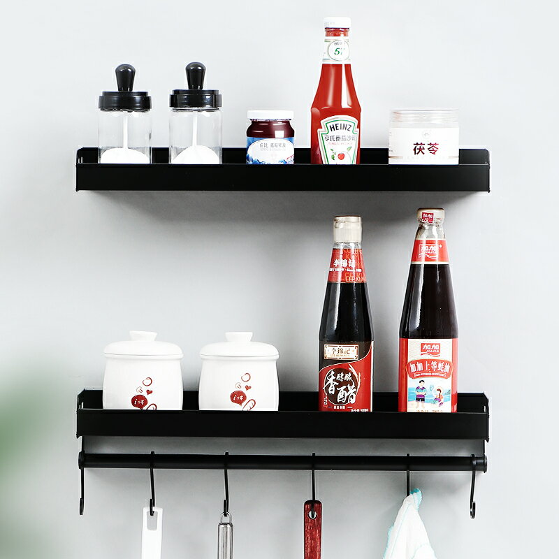 廚房置物架多功能壁掛式免打孔帶掛鉤收納架太空鋁墻上鍋鏟置物架 1
