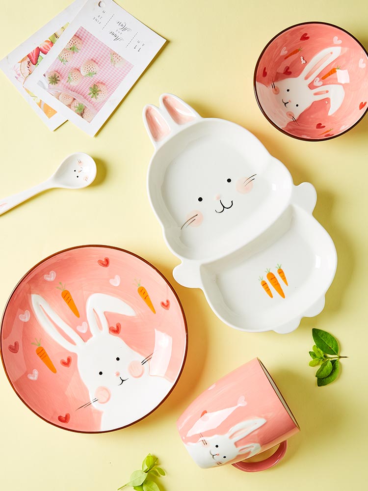 可愛動物陶瓷飯碗寶寶餐具卡通早餐分餐盤兒童一人食碗碟套裝家用