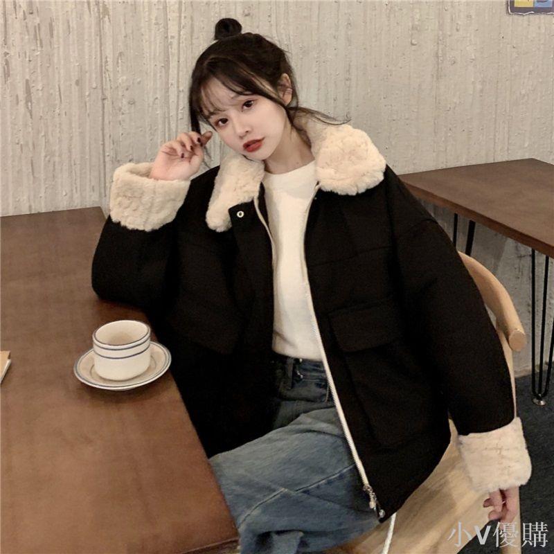 小V 冬季2024年輕新短款加絨加厚毛領小個子棉衣襖外套派克棉服女皮草時尚外套 防風外套 女生外套 秋冬外套