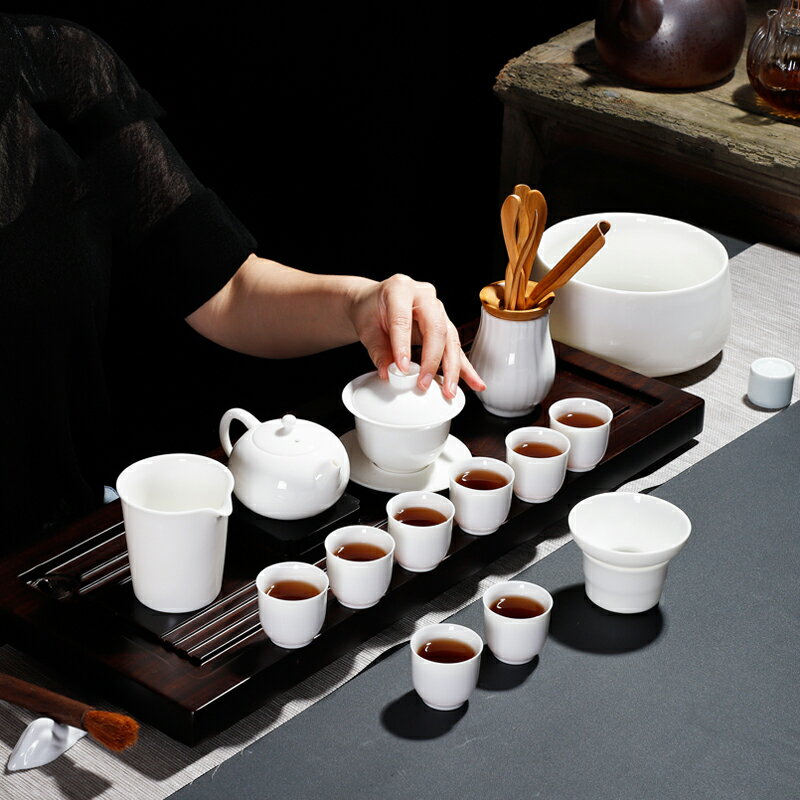 德化白瓷羊脂玉功夫茶具套裝家用簡約現代辦公室會客陶瓷茶壺茶杯