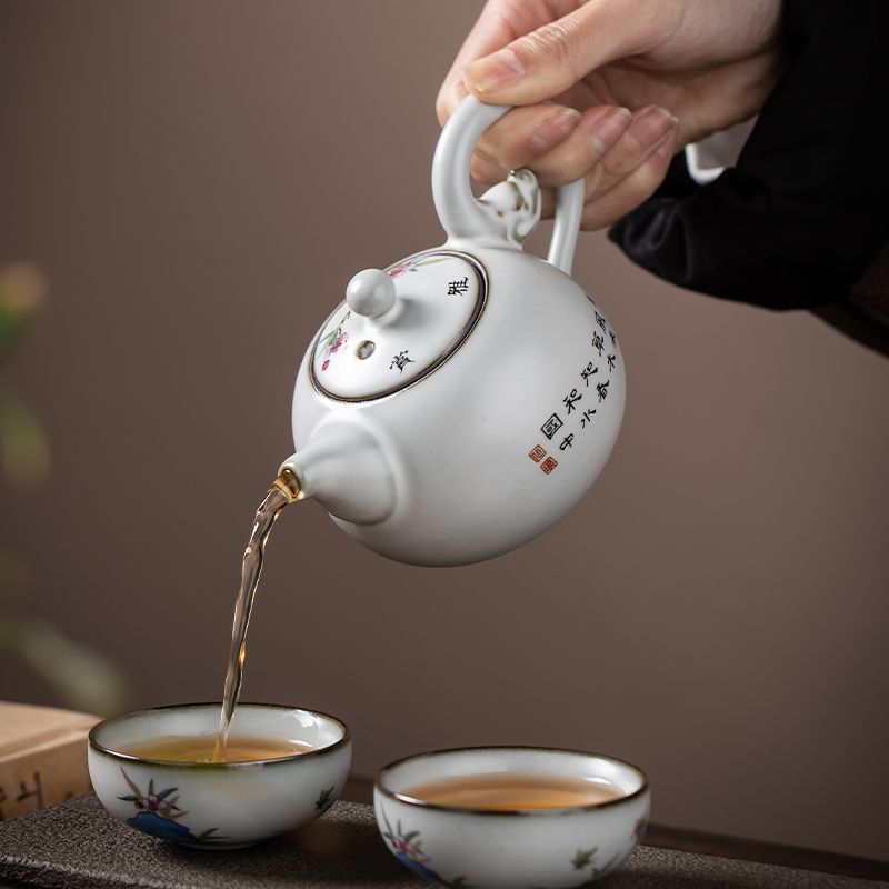 工廠直銷 免運 茶壺 紫砂壺 月白汝窯創意手工扒花龍珠壺泡茶壺汝窯茶壺單人家用手把壺特惠/可開發票Z1017 3
