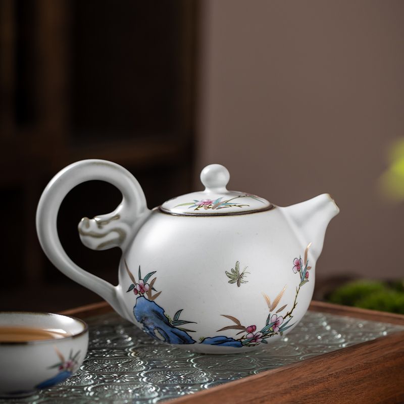 工廠直銷 免運 茶壺 紫砂壺 月白汝窯創意手工扒花龍珠壺泡茶壺汝窯茶壺單人家用手把壺特惠/可開發票Z1017 1