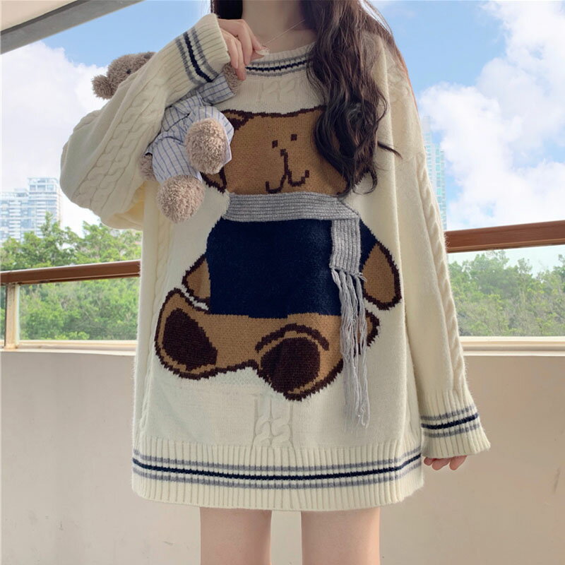 日系可愛小熊毛衣女2021年秋冬款寬松慵懶風外穿中長款學院風上衣