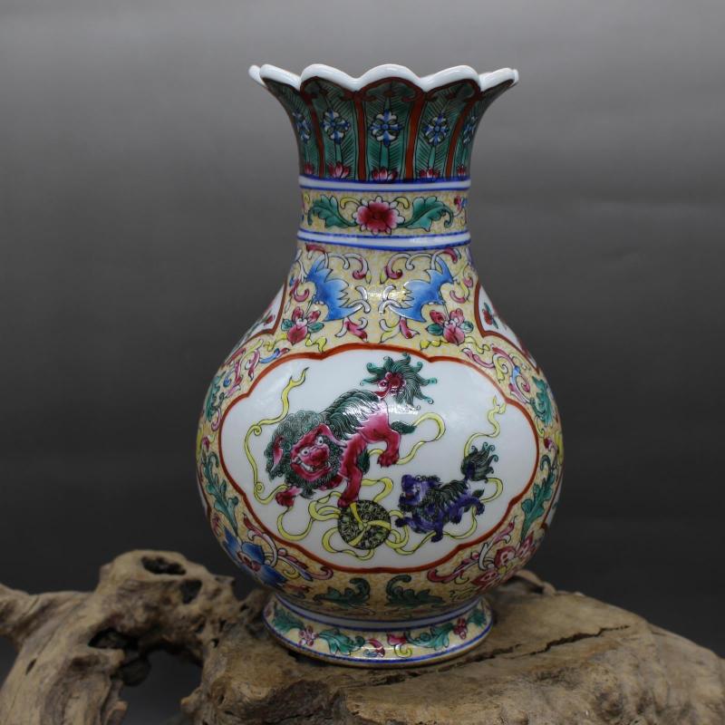 清乾隆年制粉彩獅紋花口玉壺春瓶 仿古工藝瓷器擺件 古董古玩收藏1入