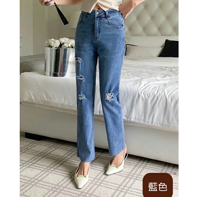 抓破寬版直筒牛仔褲(M-3L)   【B370322】 4