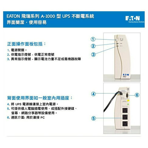 EATON 飛瑞 A-1000 不斷電系統 UPS 離線式 1000VA Off-line 3