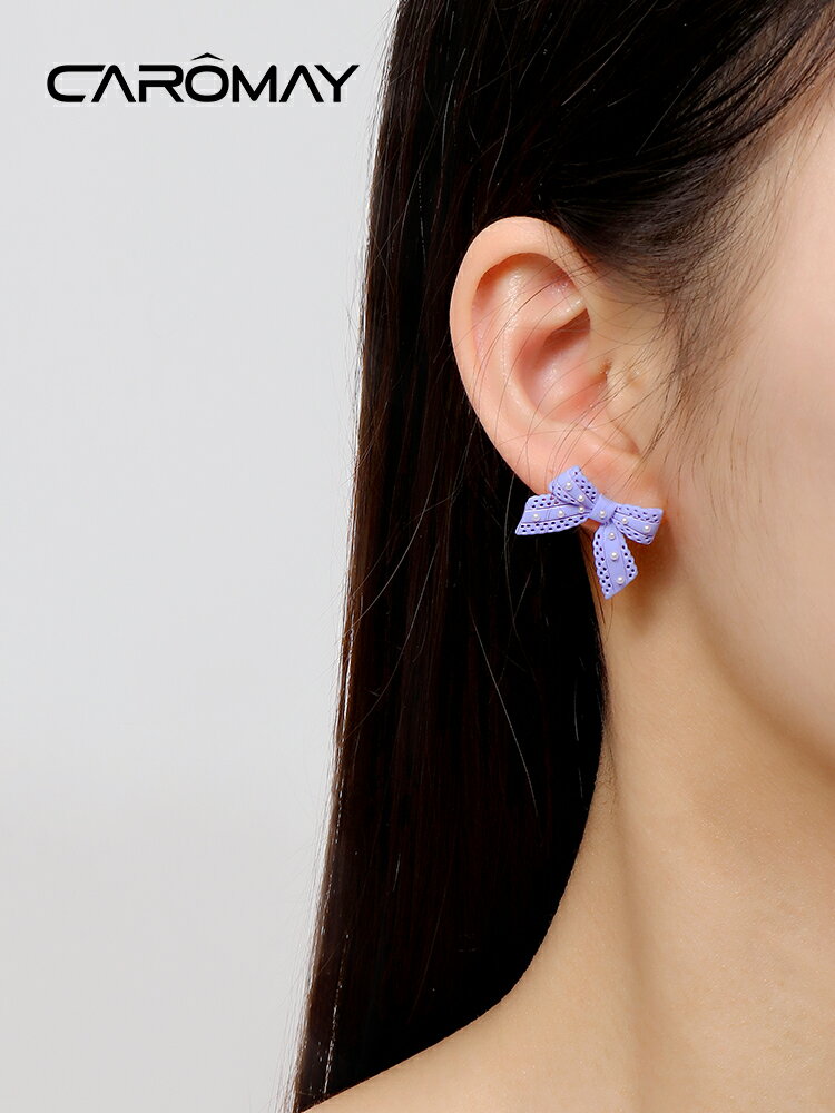 CAROMAY蕾絲蝴蝶結耳環女設計感百搭952銀針耳釘年新款潮耳飾