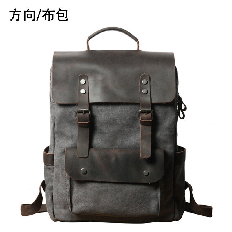 後背包 復古帆布雙肩包中性學院風書包帆布包配瘋馬皮學生戶外背包登山包
