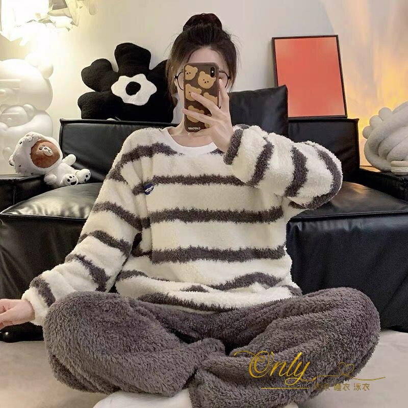 睡衣 加絨 珊瑚絨睡衣女冬季長袖加絨加厚保暖條紋法蘭絨家居服春秋冬款套裝