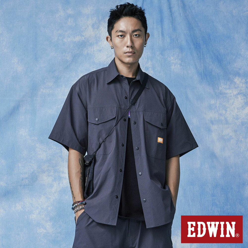 EDWIN 橘標 涼感機能寬版短袖襯衫-男款 暗灰色