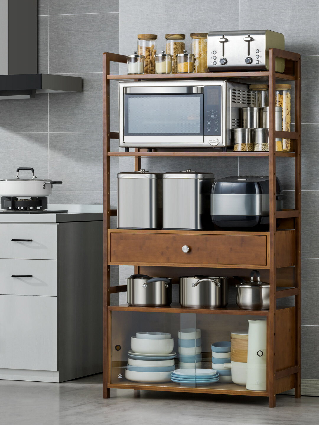 廚房碗柜收納架落地多層微波爐置物架客廳陽臺帶門儲物柜子書架木 4