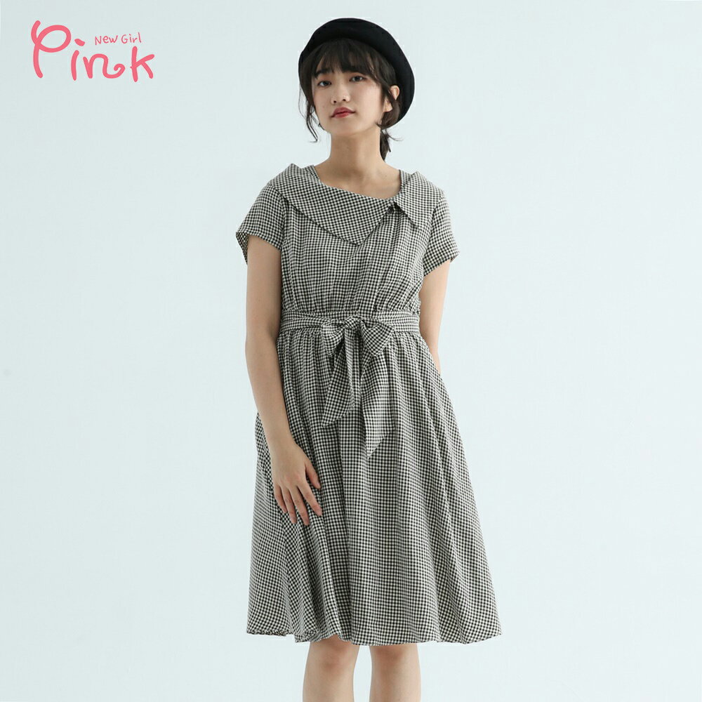 Pink*復古格紋綁帶洋裝 Y3102AD