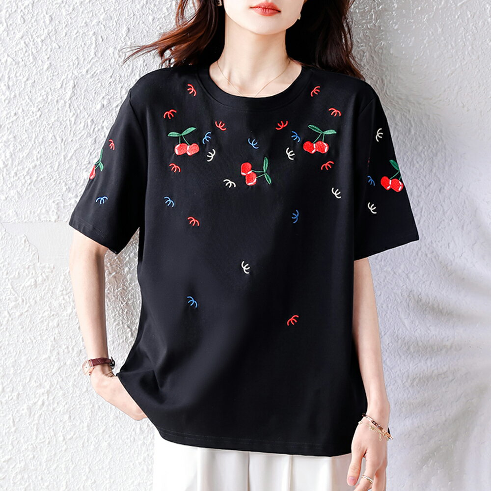 ＊ORead＊韓版櫻桃繡花短袖t恤上衣(黑色M~4XL)