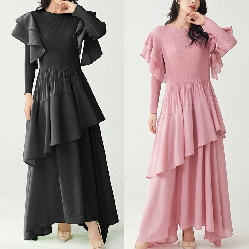 【巴黎精品】現貨+預購 三宅風皺褶衣服洋裝-長袖摺衣壓褶不規則荷葉邊蛋糕裙折衣女裙子4色a1jq49