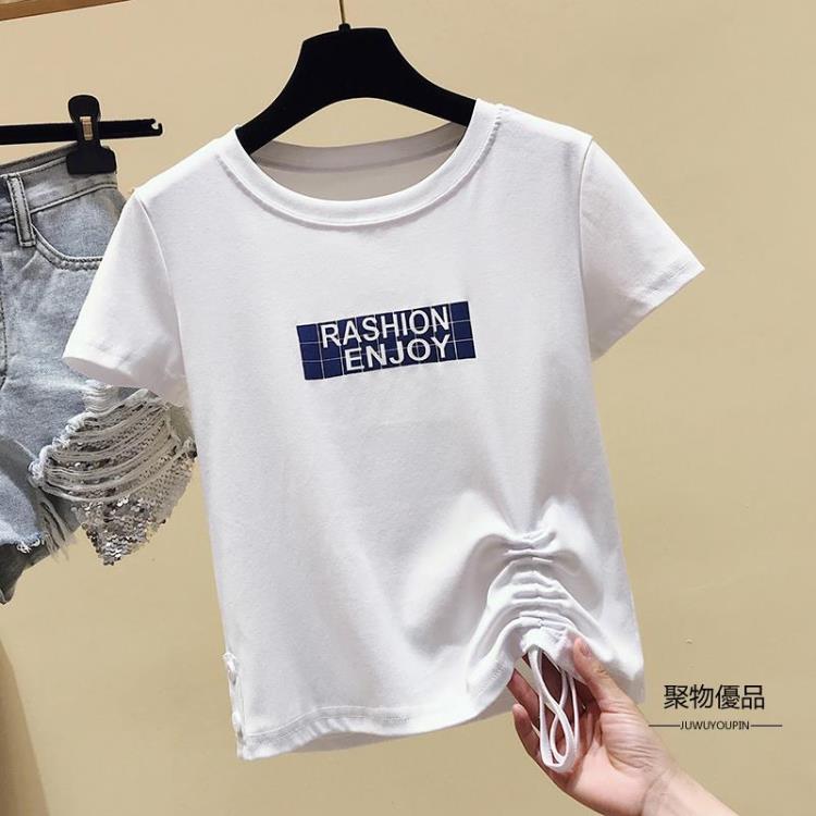 抽繩T恤女士短袖夏季韓版修身顯瘦短款設計感上衣【聚物優品】