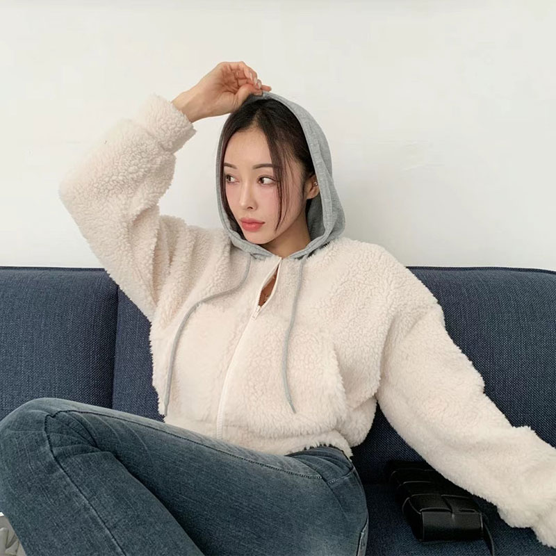 ANNAS 正韓 連帽毛毛外套 短板棒球外套 帥氣休閒毛衣 加厚保暖顯瘦 羊羔毛 搖粒絨 泰迪熊外套 韓國 4