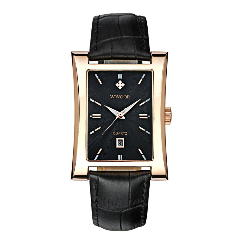 美琪 (簡約時尚)신사紳士休閒手錶 패션時尚方形表盤日曆石英皮帶男腕錶시계