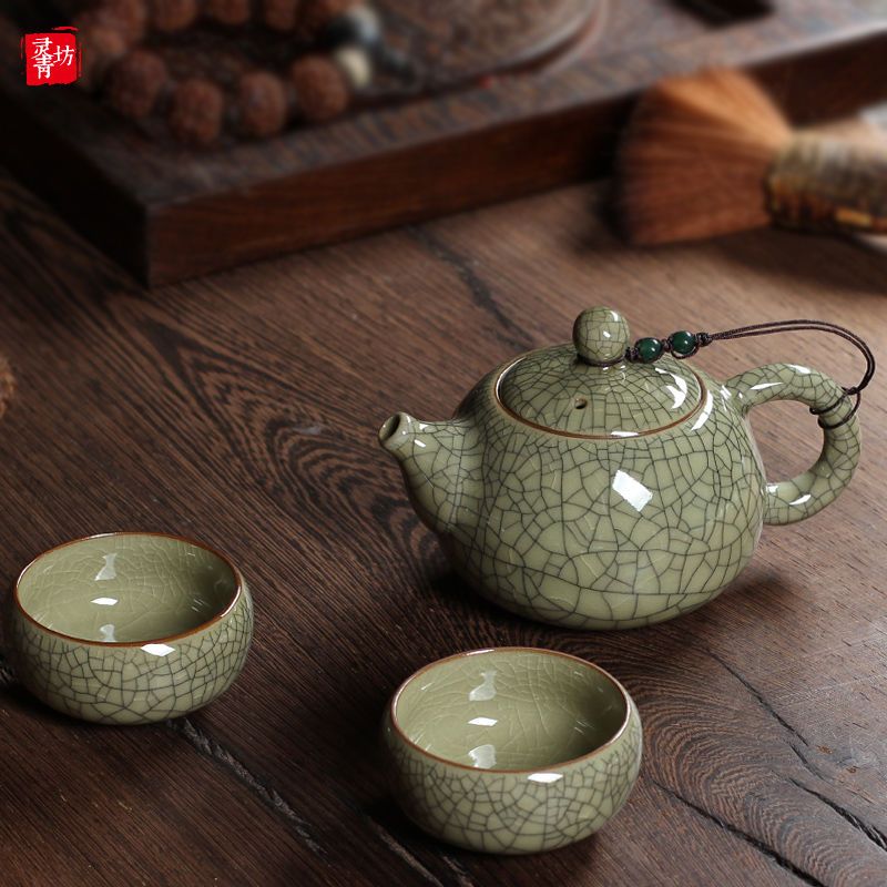 【裂紋自然】青瓷茶具茶壺茶杯手工套裝簡約陶瓷哥窯冰裂功夫茶道一壺兩杯家用