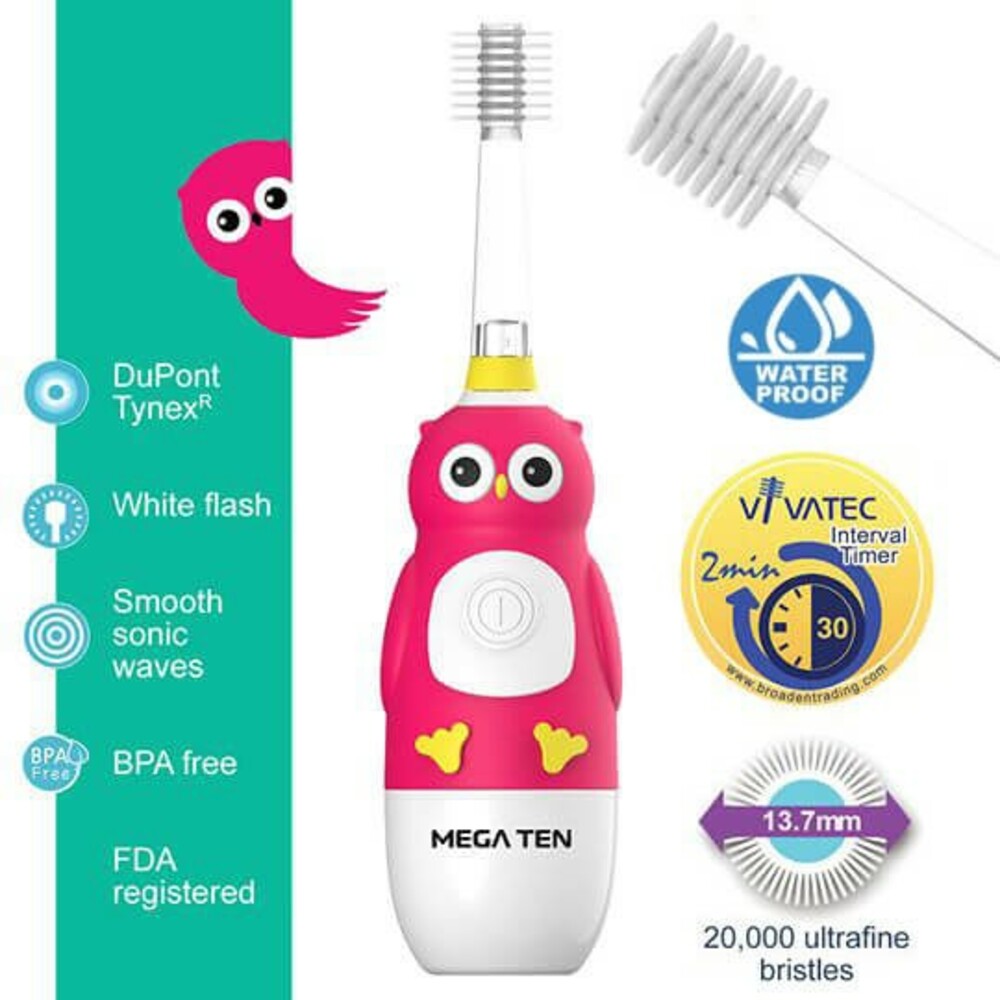 【牙齒寶寶】頂級款 Vivatec 創新升級‧5倍清潔力 Mega Ten 360度幼童電動牙刷(貓頭鷹)