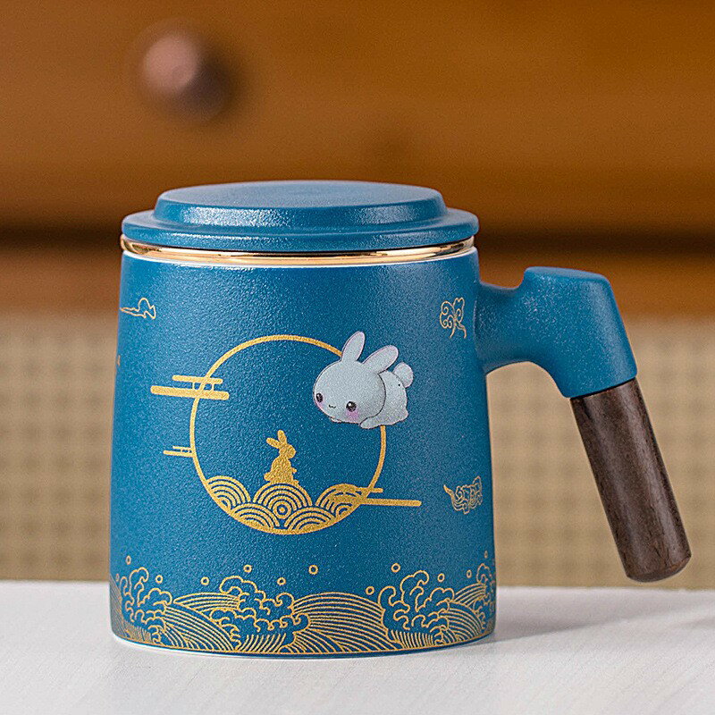 中秋玉兔陶瓷馬克杯茶水分離泡茶杯三件套辦公杯子印雕刻 0