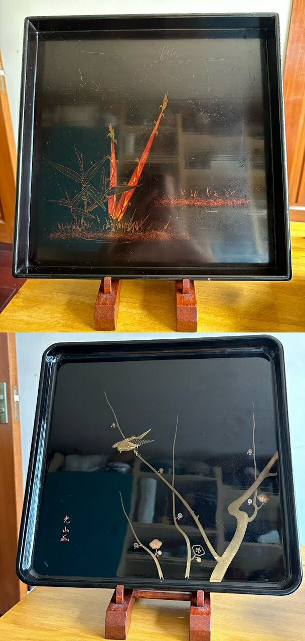 日本中古迴流年代物實木金蒔繪漆器茶盤 沈金 彩繪 高肉金蒔繪