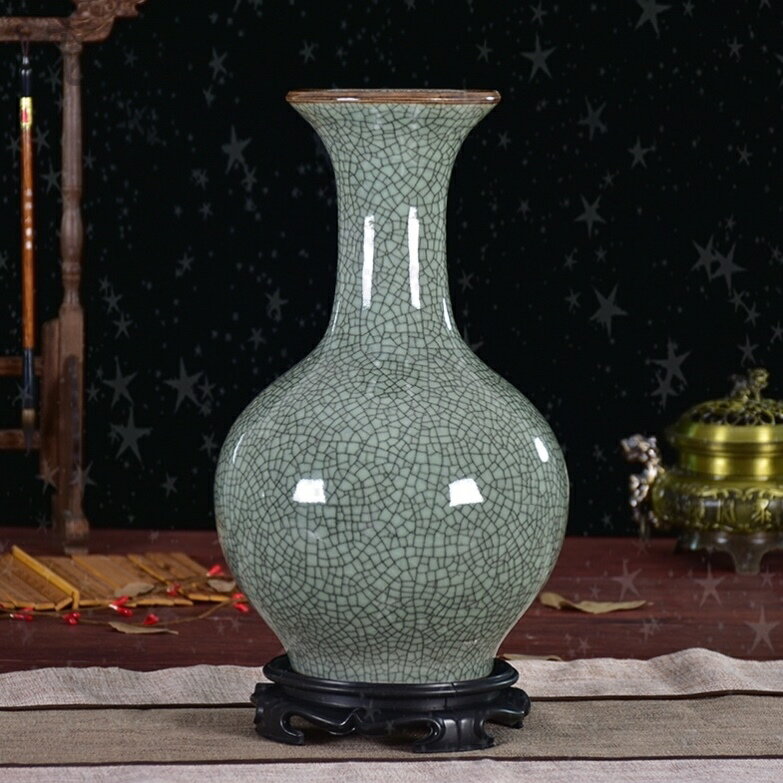 中式酒柜裝飾品擺件景德鎮陶瓷三羊開泰仿古裂紋釉花瓶插花客廳